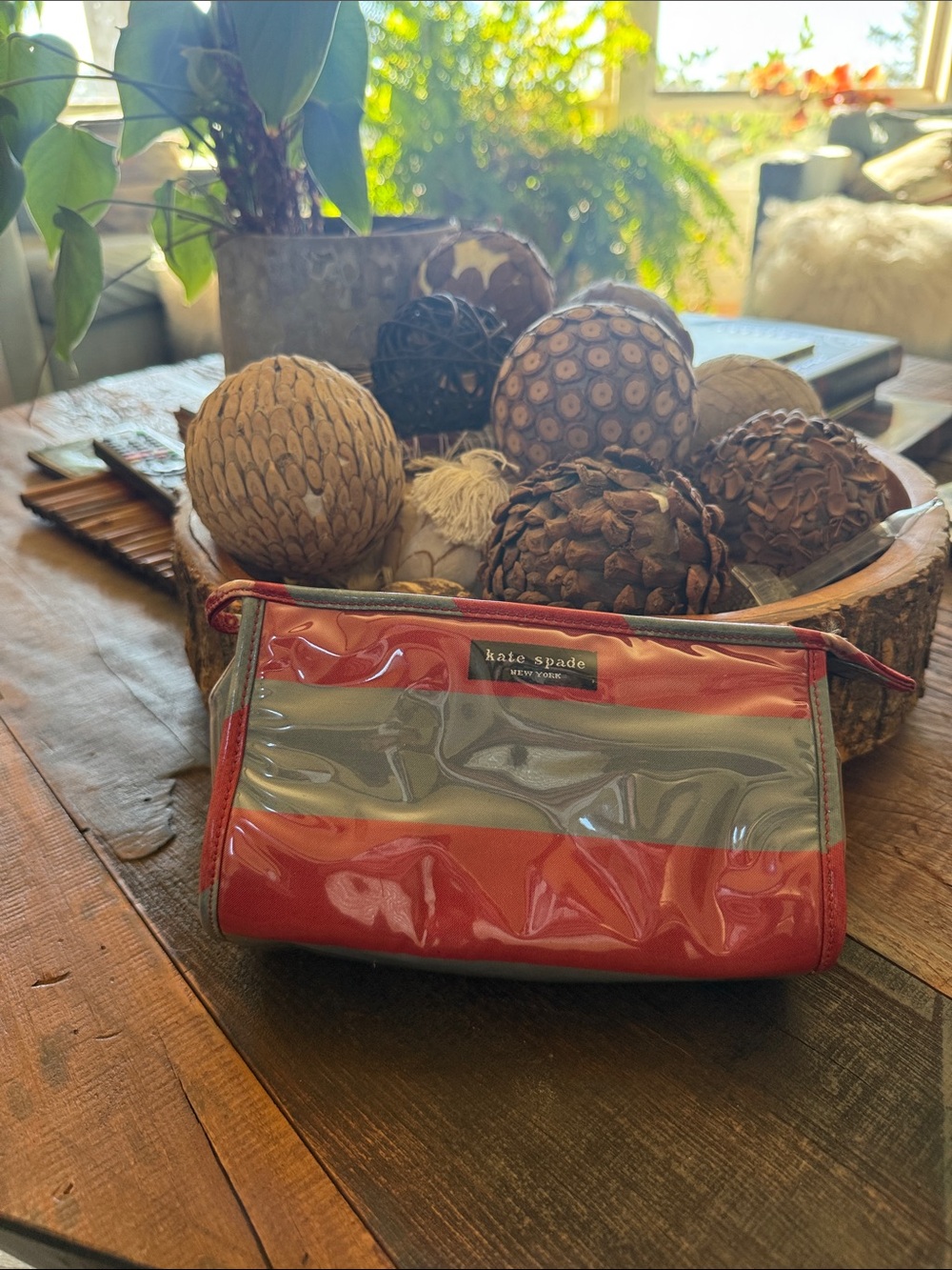 kate spade Red and Gray Striped Vinyl Cosmetic Case